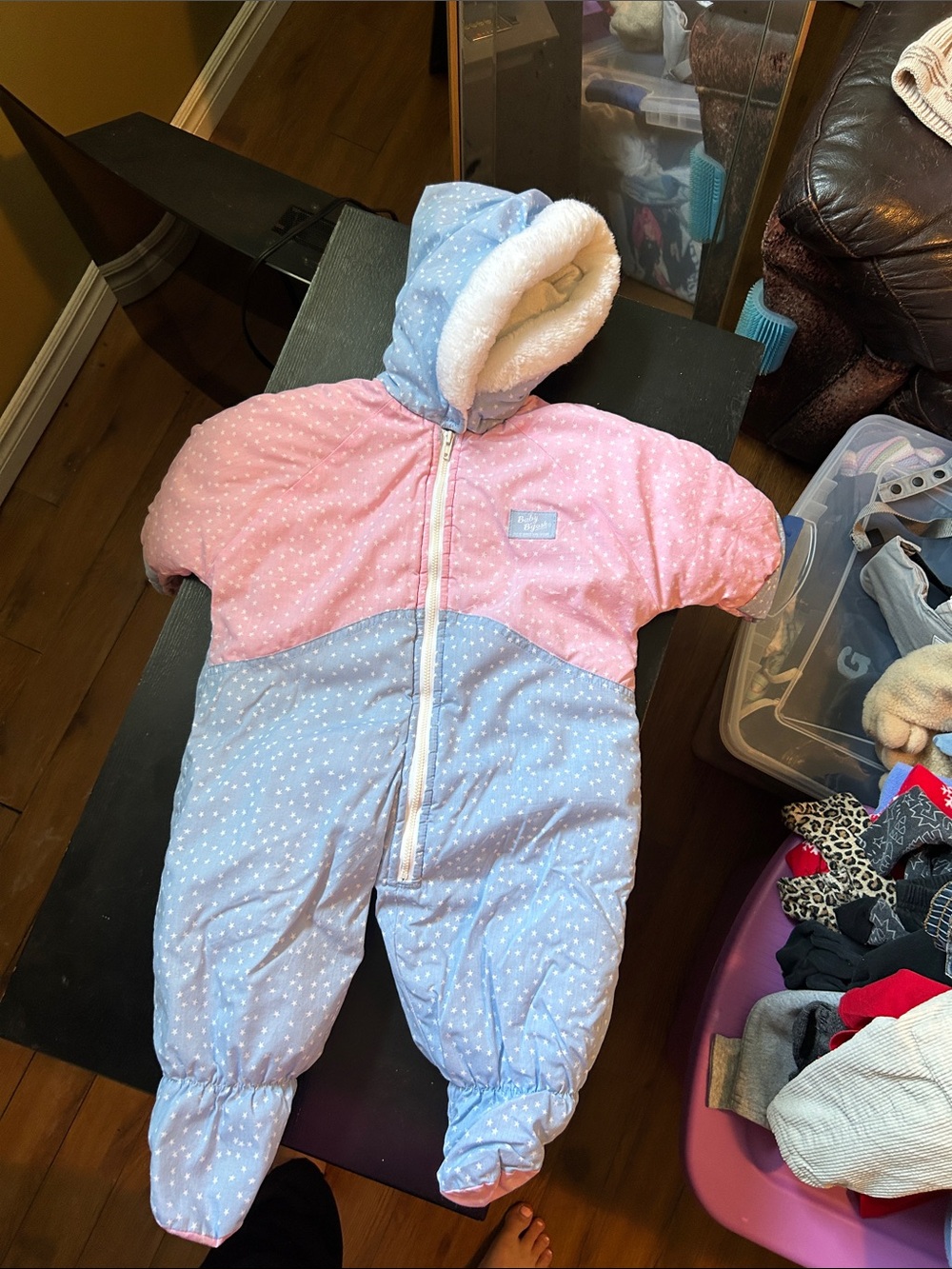 Vintage Oshkosh Kids Two-Tone Pink & Light Blue Hooded Snowsuit